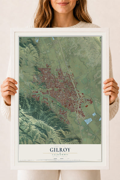 Map of Gilroy, California, 18 x 24 inch print in a white wood frame