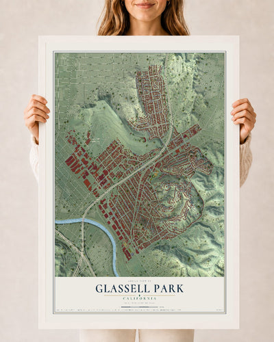 Map of Glassell Park, California, 24 x 36 inch print in a white wood frame