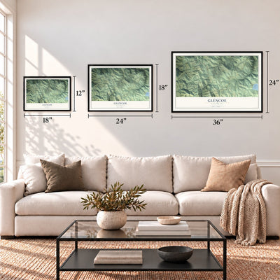 Glencoe, California map in 12 x 18, 18 x 24 and 24 x 36 inch sizes above a sofa