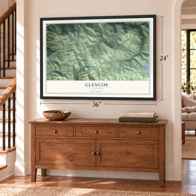 Glencoe, California map, 24 x 36 inch print in a black frame above a dresser by a staircase