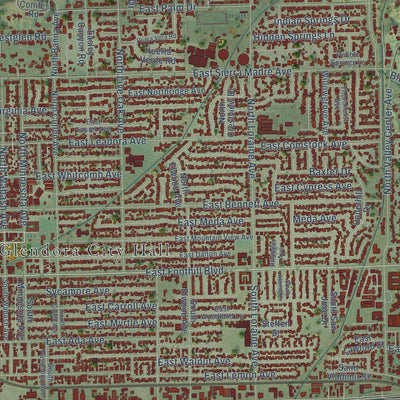 Close-up of the map of Glendora, California print showing street and building detail