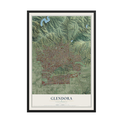 Map of Glendora, California, 12 x 18 inch print in a black wood frame