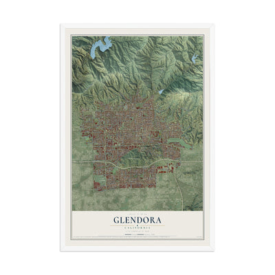 Map of Glendora, California, 12 x 18 inch print in a white wood frame