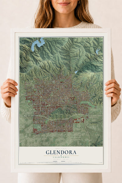 Map of Glendora, California, 18 x 24 inch print in a white wood frame