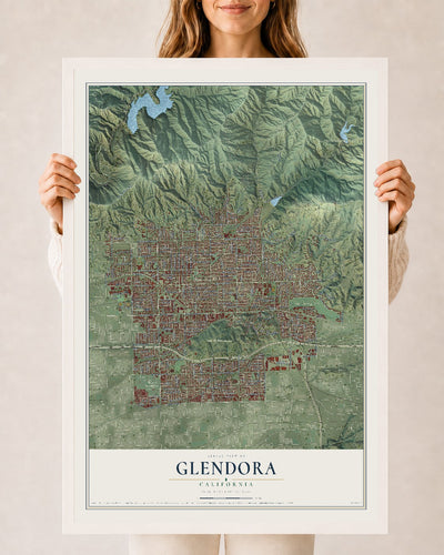 Map of Glendora, California, 24 x 36 inch print in a white wood frame