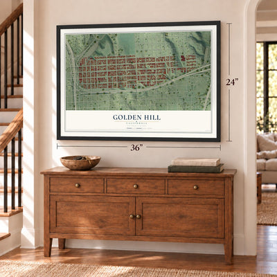 Golden Hill, California map, 24 x 36 inch print in a black frame above a dresser by a staircase