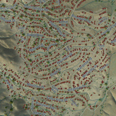 Close-up of the map of Golden Hills, California print showing street and building detail