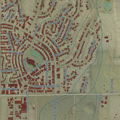 Second close-up of the map of Golden Hills, California print showing more streets and buildings