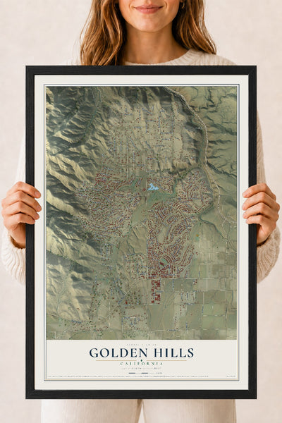 Map of Golden Hills, California, 18 x 24 inch print in a black wood frame