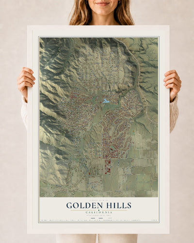 Map of Golden Hills, California, 24 x 36 inch print in a white wood frame