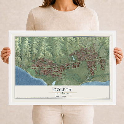 Map of Goleta, California, 12 x 18 inch print in a white wood frame
