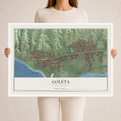 Map of Goleta, California, 24 x 36 inch print in a white wood frame