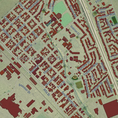 Close-up of the map of Gonzales, California print showing street and building detail