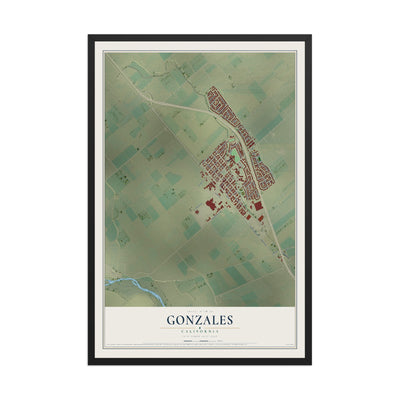 Map of Gonzales, California, 12 x 18 inch print in a black wood frame