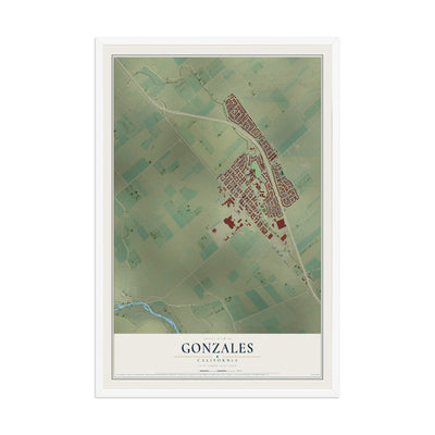 Map of Gonzales, California, 12 x 18 inch print in a white wood frame
