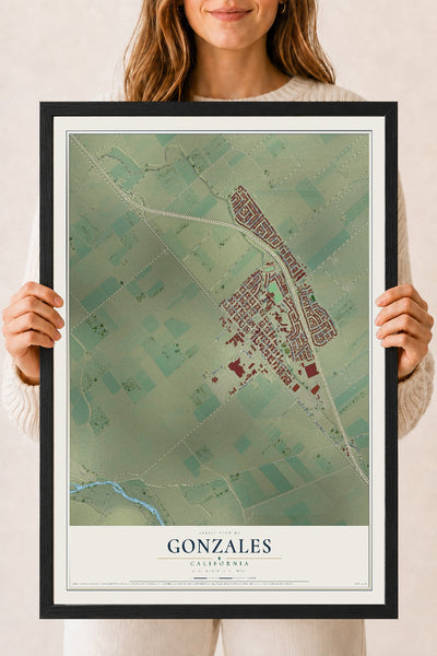 Map of Gonzales, California, 18 x 24 inch print in a black wood frame