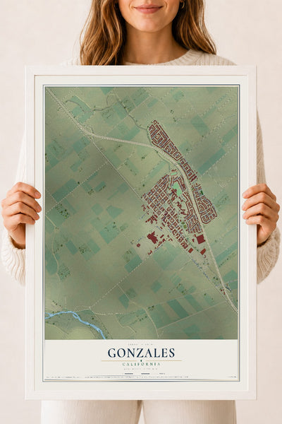 Map of Gonzales, California, 18 x 24 inch print in a white wood frame