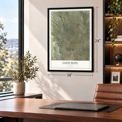 Good Hope, California map, 18 x 24 inch print in a black frame in a home office