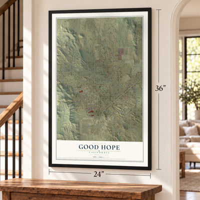 Good Hope, California map, 24 x 36 inch print in a black frame by a staircase