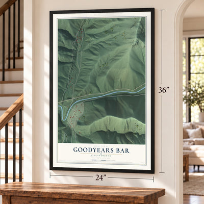 Goodyears Bar, California map, 24 x 36 inch print in a black frame by a staircase