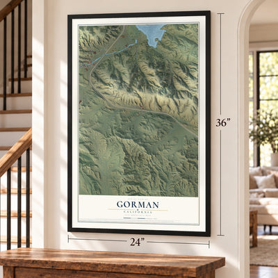 Gorman, California map, 24 x 36 inch print in a black frame by a staircase
