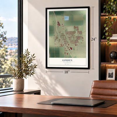 Goshen, California map, 18 x 24 inch print in a black frame in a home office