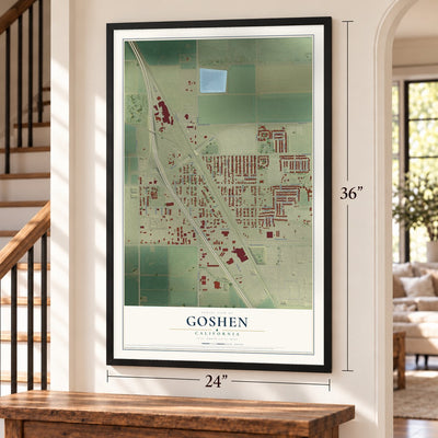 Goshen, California map, 24 x 36 inch print in a black frame by a staircase