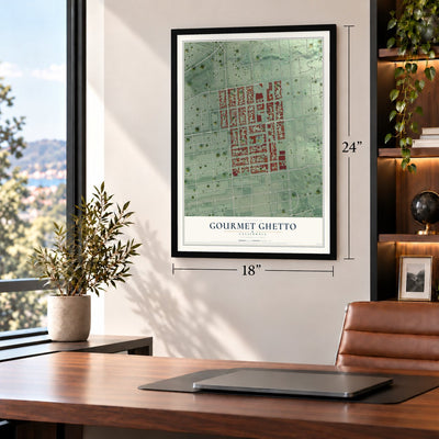 Gourmet Ghetto, California map, 18 x 24 inch print in a black frame in a home office