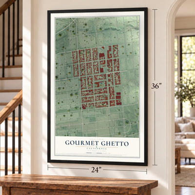 Gourmet Ghetto, California map, 24 x 36 inch print in a black frame by a staircase