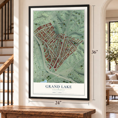 Grand Lake, California map, 24 x 36 inch print in a black frame by a staircase