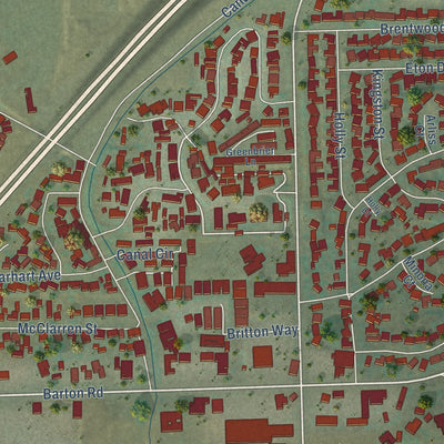 Second close-up of the map of Grand Terrace, California print showing more streets and buildings