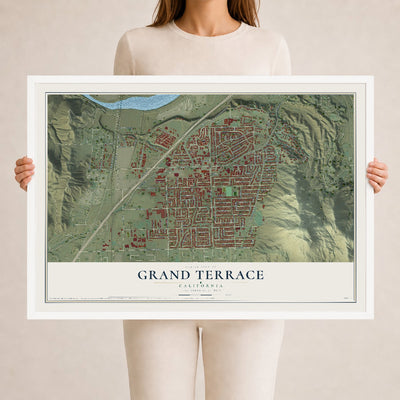 Map of Grand Terrace, California, 24 x 36 inch print in a white wood frame