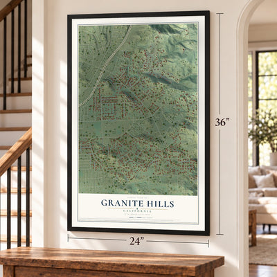 Granite Hills, California map, 24 x 36 inch print in a black frame by a staircase
