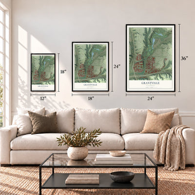 Grantville, California map in 12 x 18, 18 x 24 and 24 x 36 inch sizes above a sofa