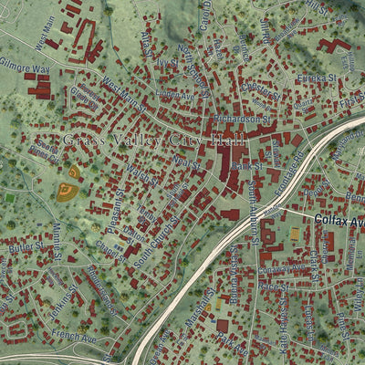 Close-up of the map of Grass Valley, California print showing street and building detail