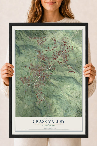 Map of Grass Valley, California, 18 x 24 inch print in a black wood frame