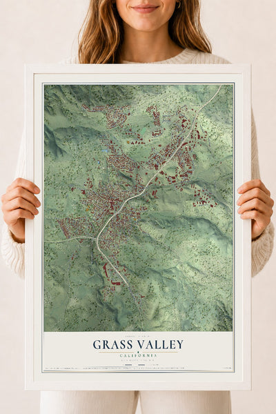 Map of Grass Valley, California, 18 x 24 inch print in a white wood frame