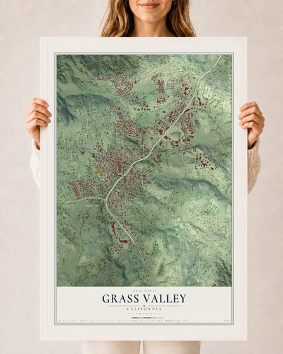 Map of Grass Valley, California, 24 x 36 inch print in a white wood frame