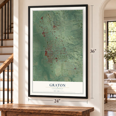 Graton, California map, 24 x 36 inch print in a black frame by a staircase