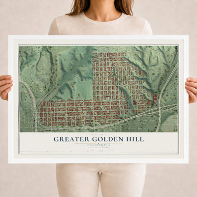 Map of Greater Golden Hill, California, 18 x 24 inch print in a white wood frame