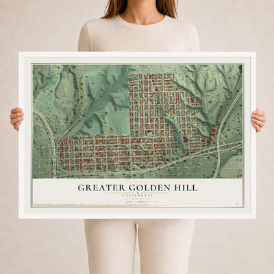 Map of Greater Golden Hill, California, 24 x 36 inch print in a white wood frame