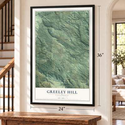 Greeley Hill, California map, 24 x 36 inch print in a black frame by a staircase