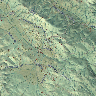Close-up of the map of Greeley Hill, California print showing street and building detail
