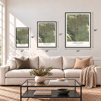 Green Acres, California map in 12 x 18, 18 x 24 and 24 x 36 inch sizes above a sofa