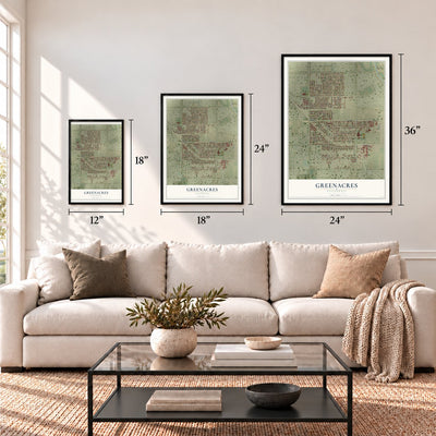 Greenacres, California map in 12 x 18, 18 x 24 and 24 x 36 inch sizes above a sofa
