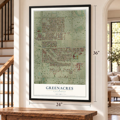 Greenacres, California map, 24 x 36 inch print in a black frame by a staircase