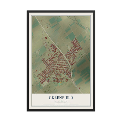 Map of Greenfield, California, 12 x 18 inch print in a black wood frame