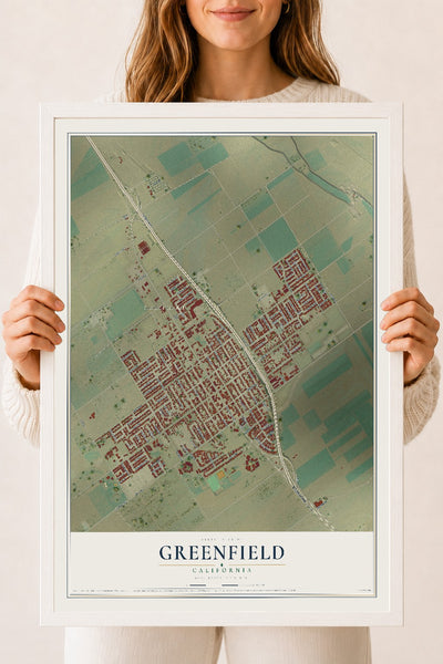 Map of Greenfield, California, 18 x 24 inch print in a white wood frame