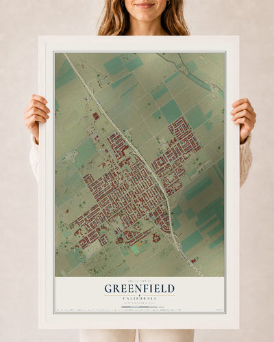 Map of Greenfield, California, 24 x 36 inch print in a white wood frame