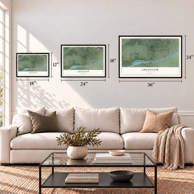 Greenview, California map in 12 x 18, 18 x 24 and 24 x 36 inch sizes above a sofa